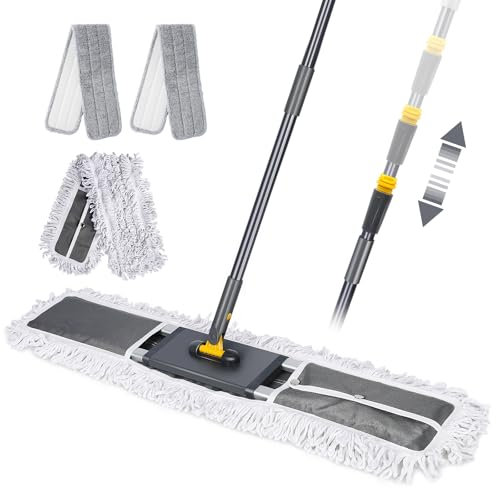 Myiosus Trapeador industrial, fregona plana grande de 90 cm con mango telescópico de 150 cm y 3 almohadillas de microfibra reutilizables, fregonas comerciales resistentes para limpieza de pisos de