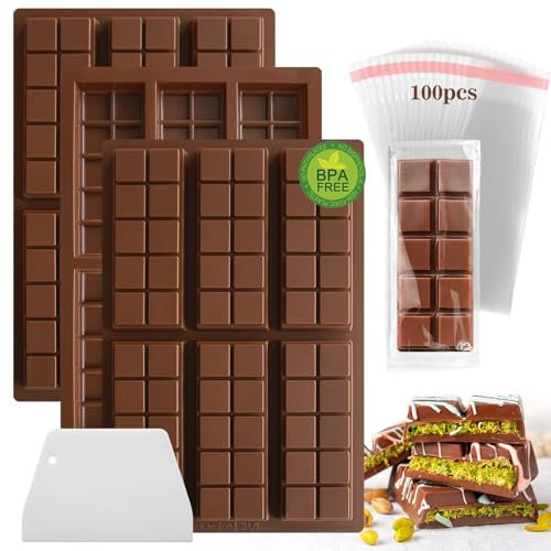Midnadiy molde de chocolate de silicona, 3pcs profunda barra de chocolate molde de silicona con raspador y 100pcs bolsa, Dubai molde de chocolate para bombones de chocolate praliné