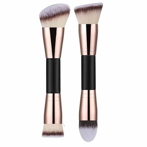 Foundation Makeup Brushes, 2Pcs Premium Double-Ended Makeup Brush (Flat/Angled/Angled Round/Tapered Top) for Buffing Liquid, Cream, Powder, Blending Face Brush