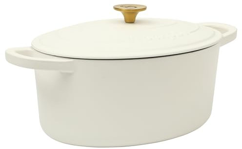 Crock Pot Artisan - Forno olandese ovale in ghisa, con coperchio, colore: bianco e pomello dorato