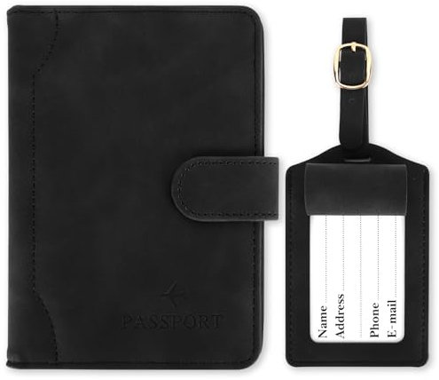 GADITIEK Reisepasshülle und Kofferanhänger Set, Kunstleder Passport Hülle, Passport Cover mit RFID-Blocker, Reisepass Hülle Holder, Passhülle Organizer Wallet, Reise Must Haves Gadgets (Schwarz)