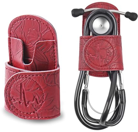 Mtzmy Stethoscope Holder Hip Clip.3M Littmann Stethoscope Belt Clip for Scrubs, Nursing Tools Holster Case,Teaching Stethoscope Holder &Accessories(1-1Carved Dard Red)
