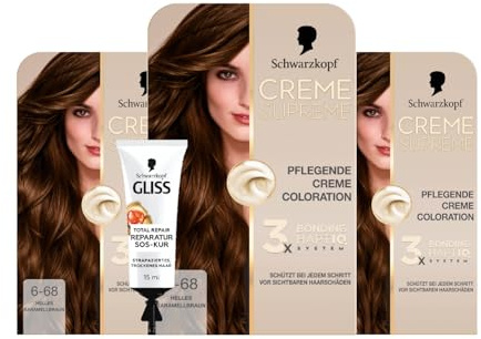 Schwarzkopf Creme Supreme Coloration 6-68 Helles Karamellbraun Blond (3x182 ml), dauerhafte Haarfarbe & GLISS SOS-Intensiv-Kur Total Repair 15ml, natürlicher Glanz und Geschmeidigkeit