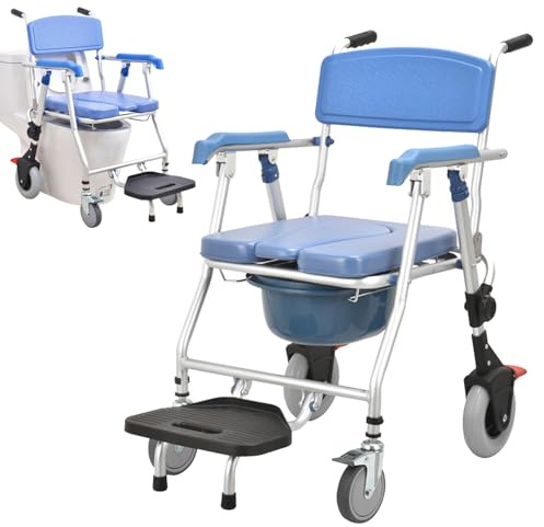Sedia Da Doccia E Toilette Pieghevole Da 3 In 1 Con Ruote Sedia A Rotelle Del Cambio Con Imbottitura A Sedili Morbidi, Freni E Design Impermeabile-Aiuto Per Mobilità Al Letto Per Anziani E Disabili