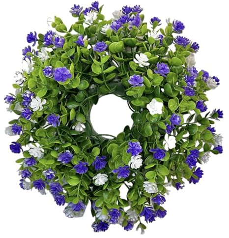 Ghirlanda primaverile per porta d'ingresso, decorazione floreale in eucalipto da 33 cm, decorazione estiva da appendere per interni ed esterni per tutte le stagioni, viola e bianco