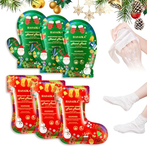 HASAIKA® Navidad Mascarillas para Manos y Pies, Mascarilla de Manos, Hidrata las manos y los pies secos, 6 pares