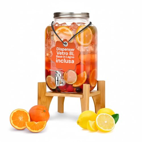 Avilia - Dispenser Bevande in Vetro 8 Litri con Rubinetto in Alluminio, Dispenser per Acqua e Succhi con Base in Legno Rialzata, Uso Domestico ed Eventi Eleganti