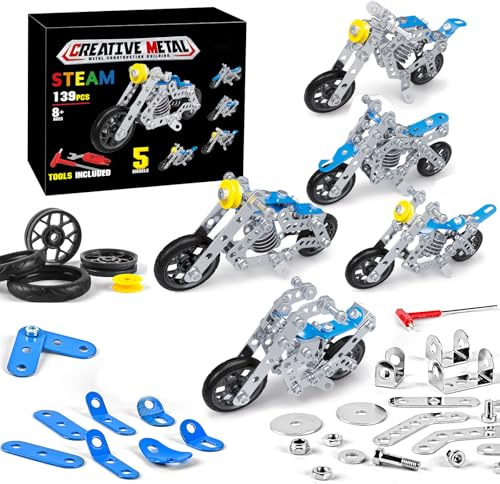 YINcrinx Kit de construcción metálico: Motocicleta, Juguete de construcción metálico, Motocicleta de aleación, Regalo de cumpleaños, Juguete Educativo de construcción (139 Piezas)