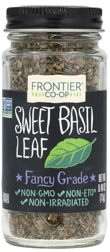 Frontier Sweet Basil Leaf, 0.48 Ounce Bottle, Cut & Sifted, Warm Mild Flavor is Great with Vegetables Dressings, Soup & More