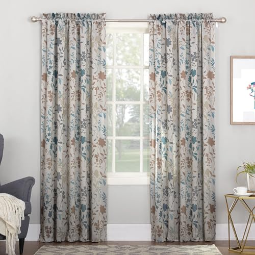 Sun Zero Kara Floral Print Energy Efficient Rod Pocket Curtain Panel, 54 x 63, Stone