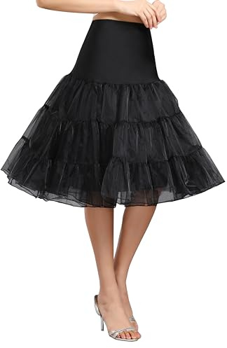 Women's 50s Vintage Rockabilly Petticoat Crinoline Tutu Underskirt 27 Length Net Tulle Petticoat Half Slip (FBA), Black, Large