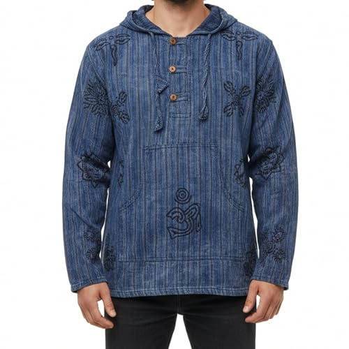 SHOPOHOLIC FASHION Män stentvättad randig farfar tröjor med huva full ärm hippy lätt huvtröja