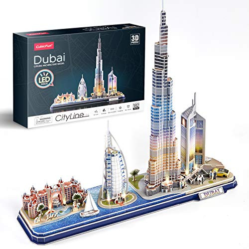 CubicFun 3D Puzzles for Kids Adults LED Dubai City Architecture Model | Atlantis The Palm Dubai, Burj Al Arab Jumeirah Hotel, Burj Khalifa, Emirates Towers Jigsaw Puzzles Birthday Gifts