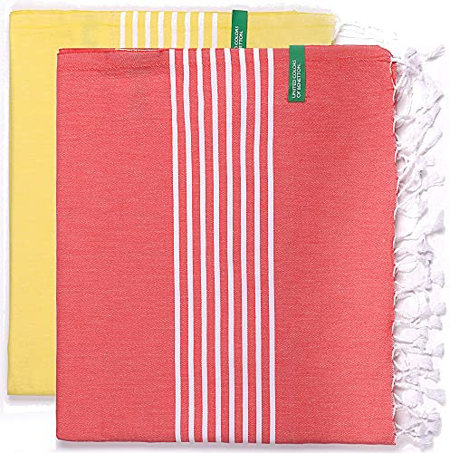 UNITED COLORS OF BENETTON., Set 2 Handtücher Hamman 80 x 165 cm 170 g/m² 100% Algodon CASA Benetton, rot + gelb, 80 x 165 c/u