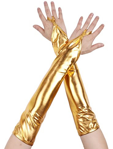 YiZYiF Damen Stulpen Handschuhe aus Lackleder Glänzend Fingerlose Handschuhe Fest Party Spitzehandschuhe Wetlook Metallic Optik Sexy Dessous Kostüm Zubehör B Gold One Size