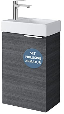 Planetmöbel Waschtisch mit Unterschrank 40 cm Waschbeckenunterschrank, Badmöbel-Set mit Waschbecken für kleine Bäder, Gäste WC, Anthrazit (inkl. Armatur Chrom)