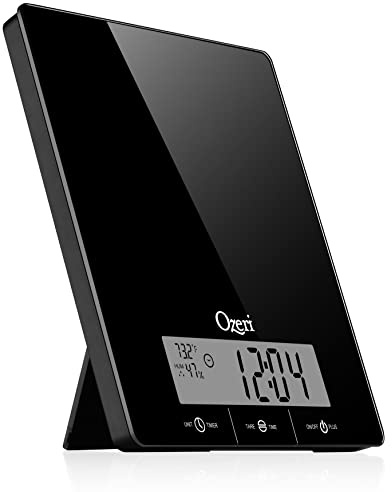 Ozeri Touch III 22 lbs (10 kg) Kitchen Scale in Tempered Glass, with Clock, Temperature & Humidity Gauge