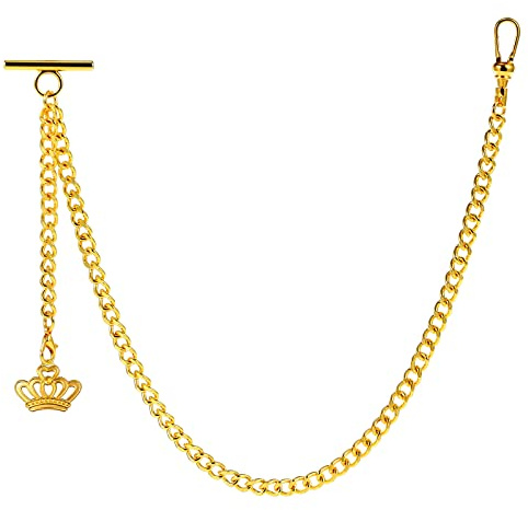 ZTA Albert - Orologio da taschino con catena a T e ciondolo a forma di corona, 2 clip, stile antico, da uomo, Oro, Antico