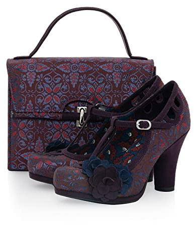 Ruby Shoo Valerie Floral T-Bar Plateauschuh für Damen & passende Malibu Tasche, aubergine, 37 EU