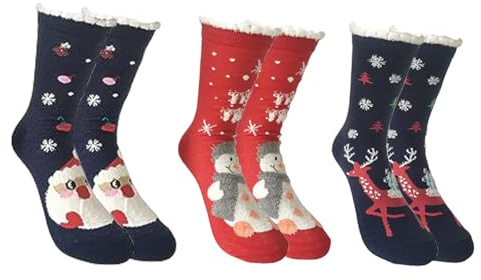 MAKFORT 3 par julstrumpor för damer, varma julstrumpor för flickor med renar och snöflingor, julklapp för kvinnor, D, 37-39 EU