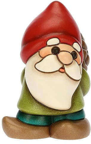 THUN, Gnomo Oliver con Pigna in Ceramica Decorata a Mano, Linea Bosco Magico, 7x5.8x9.5 cm h