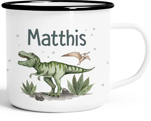 SpecialMe® Kinder-Tasse Emaille Dino mit Namen personalisiert Dinosaurier T-Rex Namenstasse individuelle Geschenke emaille-weiß-schwarz standard