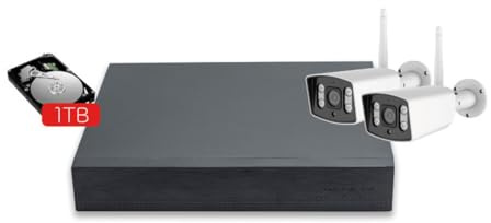 Energeeks - Grabador NVR - 2 Cámaras de Exterior Incluidas - 8 Canales - Disco Duro de 1TB - Grabación 24/7 - para Instalación Sin Cables - Control Total - Fácil Instalación