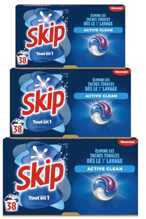 Skip Lessive liquide en capsules Active Clean 3 en 1-114lavages - résultat impeccable et fraîcheur longue durée - sans emballage plastique (lot de 3x38)