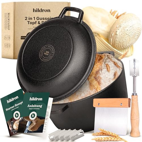HILDRON Gusseisen Topf Brot Backen inkl. Gärkorb, Bäckermesser & Teigschaber - 26cm Brotbackform mit Deckel - Komplettes Brotbackset - Idealer Brottopf zum Backen, Brotbacktopf, Brot Backen Zubehör