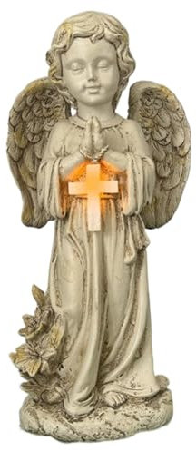 Statua del giardino angelo, statua angelica di preghiera resistente alle intemperie, Angelo solare con ala e croce, 12 pollici di resina, luci solari di angelo per cimitero, giardino, prato, giardino
