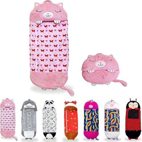 ZVD Sac de Couchage Enfant, Sac de Couchage et Oreiller de Jeu pour Enfants, Chaud pour Enfants avec Oreiller Amovible, Tapis de Sieste Pliable pour Filles et Garçons (Chat Rose, 160 * 60 CM)
