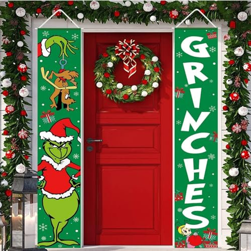Green Christmas Decorations Door Cover Merry Christmas Door Decorations Grinch Banner Xmas Photography Wall Banners for Winter Holiday Home Garden
