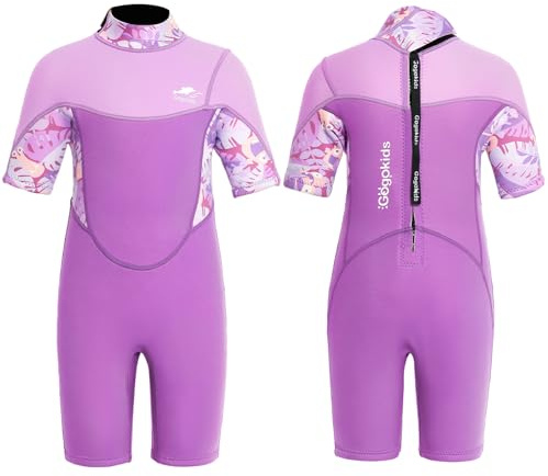 Gogokids Shorty - Muta in neoprene per bambini, 2,5 mm, chiusura lampo posteriore per bambini, tuta corta e calda, in neoprene UV, per nuoto, snorkeling e surf, età 4-5 ragazze, colore: Viola