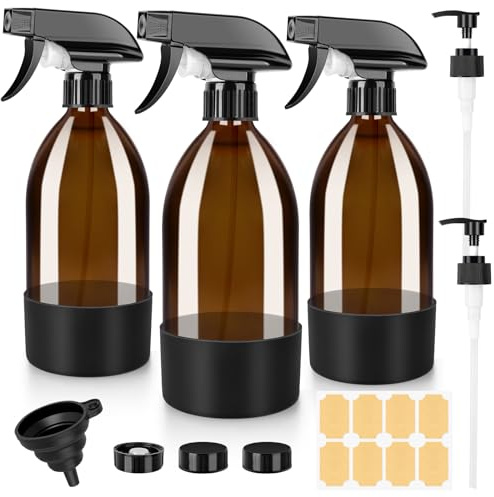 BELICOO Flaconi spray in vetro ambrato, confezione da 3 flaconi spray in vetro da 470 ml, per pulizia, piante, oli essenziali, cura dei capelli, bottiglia spray vuota ricaricabile, Marrone ambrato.