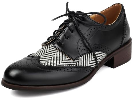 Galindopia Unisex Oxford Schuhe Damen Two Tone Perforated Wingtip Brogue Retro Low Heel Schnüren Saddle Schuhe Spectator Crown Suits Black Plus Size 42