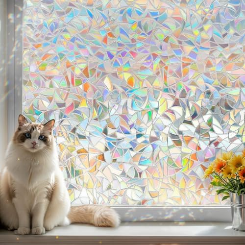 Qualsen Privacy Film for Glass Windows Stained Glass Window Film 44.3x200cm | Geometric Patterned Window Films with Tools, Rainbow Decorative Effect, Static Cling Anti UV, for Home Bedroom Office
