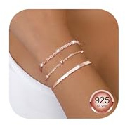 CASSIECA 3 Pcs Rose Gold Bracelets for Women Sterling Silver Bracelet Set Layered Dainty Link Chain Bracelet Adjustable Stackable Bead Ladies Rosegold Jewelry for Women