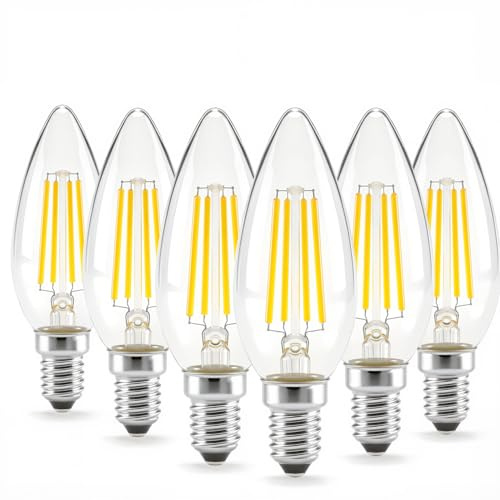 Adzok E14 European Base Bulb,40W Equivalent,Filament Clear Glass,450LM Clear Glass Torpedo Shape Bullet, Soft White 2700K,for Chandeliers,Pendant,Ceiling Fan Pack of 6