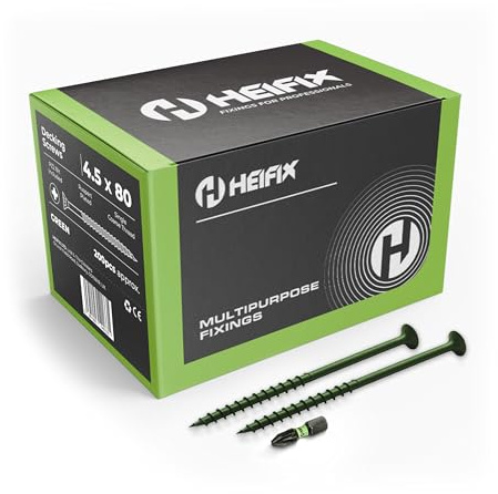 Heifix Decking Screws Pozi Countersunk - FREE Screw Bit Included (QTY 200, 4.5 x 80mm)