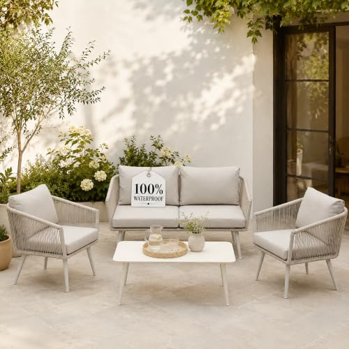 Olsen & Smith Marlow 4 Seater 5-Piece Rattan Garden Sofa Set & Table | 2-Seat Sofa, 2 Armchairs & Table, Sturdy Rust-Resistant Iron Frame, Waterproof Cushions, Outdoor Patio Furniture, Cream