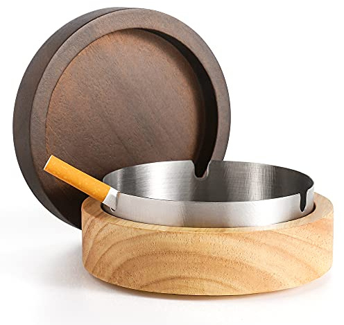 DDAJJAJ Wooden Ashtray with Stainless Steel Lid - Portable, Windproof, Decorative Ashtray for Home, Patio, Office, Outdoors, Indoor, Parties