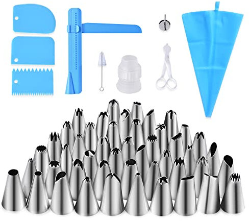 Hemesic Spritzbeutel mit Tüllen, 57 Spritztüllen Set Enthalten 48 Spritztülle 1 Spritzbeutel Wiederverwendbar 1 Adapter 3 Kuchenschaber für Cupcakes Kuchen Torten Eclairs Keksen-Dekoration - 57 PCS