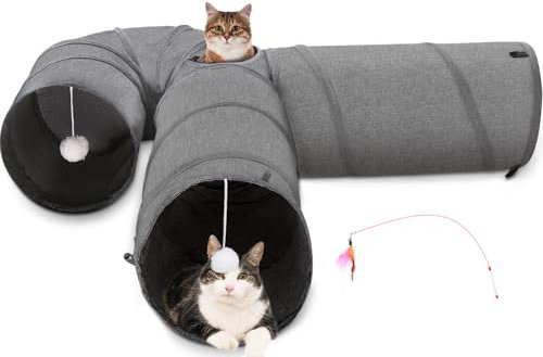 Ownpets Katzentunnel, 30cm Durchmesser, Katzentunnel groß, größerer Haustiertunnel Tube mit Plüschball & Federspielzeug, U-förmiger Katzenspieltunnel für große Katze, Welpen und Kaninchen