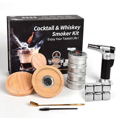 Kit de Fumoir à L'ancienne pour Whisky et Bourbon - Ensemble Fumeur Cocktail avec 4 Copeaux Bois - Cadeau pour Père, Mari et Amateurs
