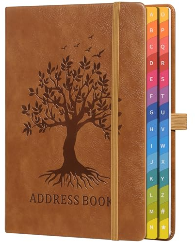 Address Book with Colorful Alphabetical Tabs (8.4 x 5.8) - Hardcover Telephone and Contact Organizer, with Space for Important Website Passwords and Software Licenses - Brown