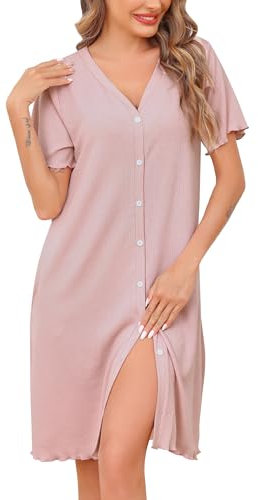 Vlazom Damen Nachthemd Kurzarm V-Ausschnitt mit Knopfleiste Weich Rippenstrick Nachtwäsche Stillnachthemd Schlafhemd（M，Rosa