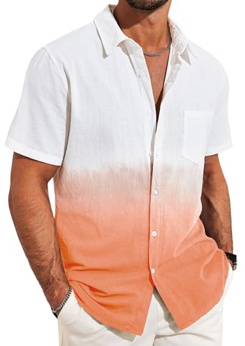 Beotyshow Chemise Homme Dégradé Chemise à Manches Courtes Hommes Chemises en Lin Coton Chemises Hawaï Chemises Boutonnées T-Shirts Chemise Décontractée Été Plage Hauts, Orange-2., M