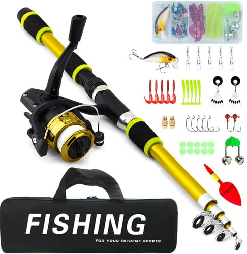 Kit de pêche pour enfants, 1,8 m, ensemble de cannes à pêche pour enfants, avec moulinet de pêche et appât, en fibre de carbone, télescopiques et moulinet, accessoires de pêche pour enfants de 3 à 10
