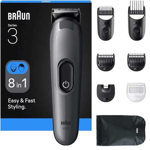 Braun All-in-One Trimmer-Set 3, 8-in-1 Multigroom, Barttrimmer, Haarschneidemaschine für Gesicht, Kopf und Körper, 50 Min Akku, 14 Längen (3–21 mm), Wasserdicht, AIO3540, Grau