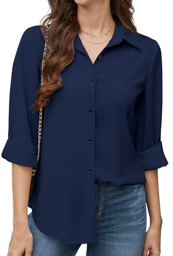 Stamain Camisa Mujer Manga Larga Elegante Blusa Casual con Cuello en V Informal Oficina Camisas Botones de Vestir